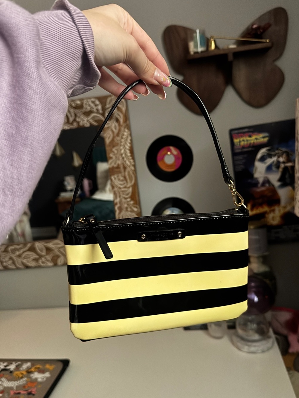 kate spade Black and Yellow Striped Mini Wristlet